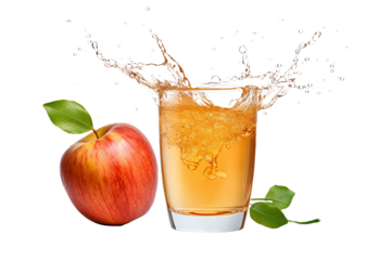 Fresh apple juice illustration on transparent background for beverage and food packaging design, high-resolution PNG file with realistic apple drink, ideal for juice branding, organic product labels, 