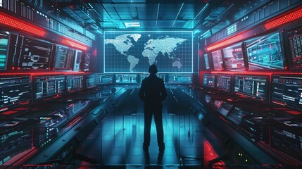 Silhouette of a man looking out over a futuristic neon city, surrounded by computer monitors.