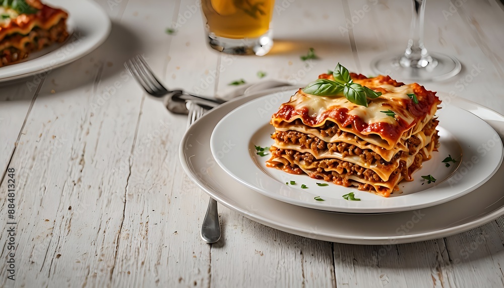 Wall mural Lasagna on white plate 