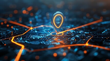GPS map location pin with futuristic digital interface for representing navigation system smart tracking geolocation data connectivity and advanced positioning technology concept.