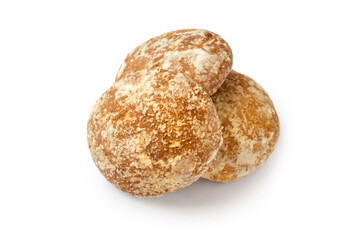 A bunch of classic round gingerbread on a white background. Large glazed gingerbread close-up.