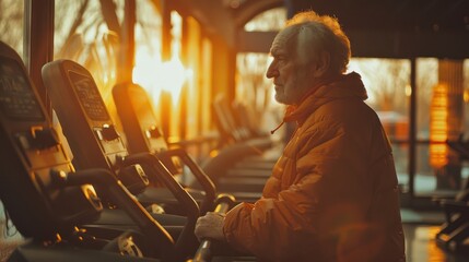 Evening workout, An Elderly Man Exercising in the Gym for Better Health