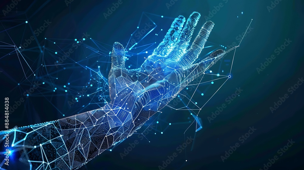 Poster digital hand reaching out with digital connection network technology symbol. ai generated