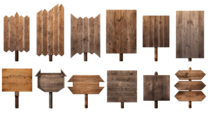 Blank empty wooden rustic signage sign board signpost with various assorted mockup templates for artwork design, isolated on transparent background in PNG format