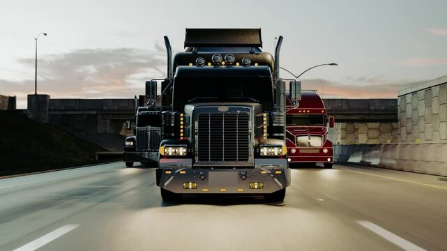 American style truck on freeway pulling load. Transportation theme. 4k 3D illustration