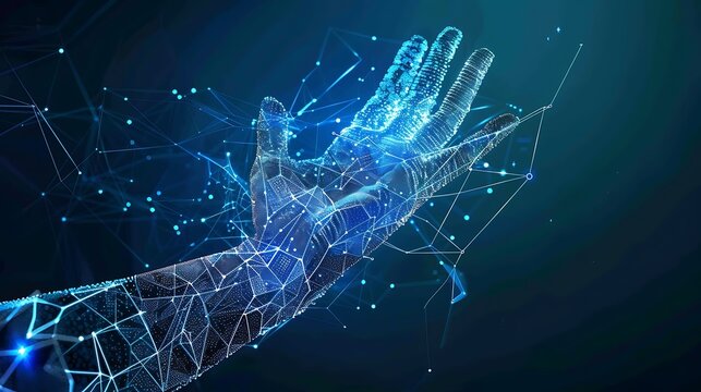 Digital hand reaching out with digital connection network lines for futuristic technology symbol innovation communication virtual interaction human machine interface concept.