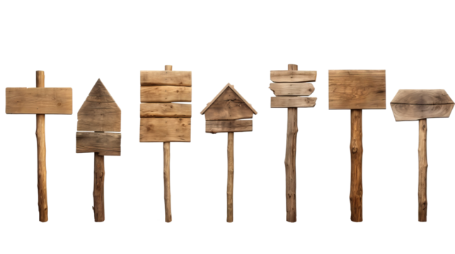 Blank empty wooden rustic signage sign board signpost with various assorted mockup templates for artwork design, isolated on transparent background in PNG format