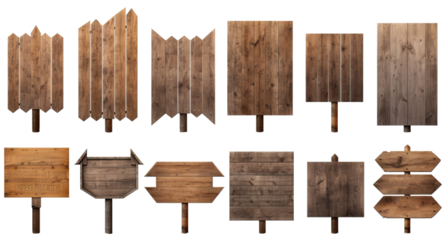 Blank empty wooden rustic signage sign board signpost with various assorted mockup templates for artwork design, isolated on transparent background in PNG format