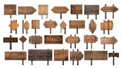 Blank empty wooden rustic signage sign board signpost with various assorted mockup templates for artwork design, isolated on transparent background in PNG format