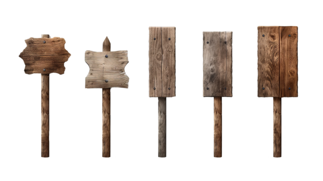Blank empty wooden rustic signage sign board signpost with various assorted mockup templates for artwork design, isolated on transparent background in PNG format