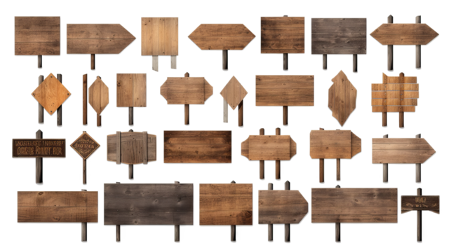 Blank empty wooden rustic signage sign board signpost with various assorted mockup templates for artwork design, isolated on transparent background in PNG format