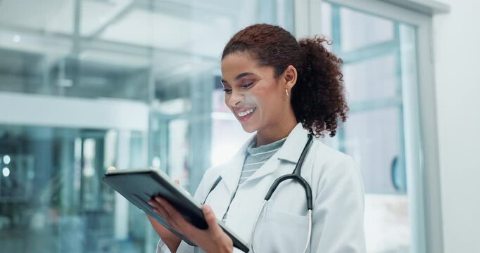Happy, doctor and tablet in hospital for healthcare, appointment and online for telehealth. Technology, woman and medical professional for internet, advice and results or patient records in clinic