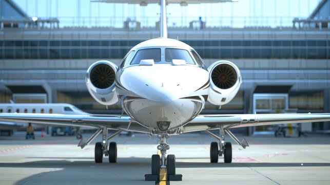 Business private jet airplane parked at terminal, luxury tourism and business travel transportation concept. Closeup, 3D rendering.