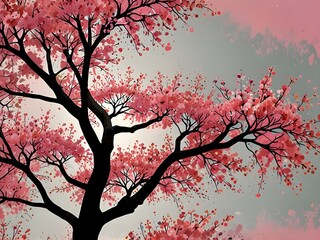 Fototapeta premium Illustration A tree blossoms with abstract pink flowers