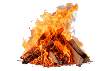 Isolated bonfire with realistic flames and smoke on transparent background for digital design and illustration projects, high-quality PNG for easy integration into various creative works