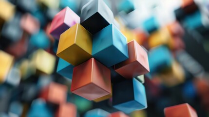 Abstract image of multicolored cubes floating and fitting together to form a larger, cohesive block.