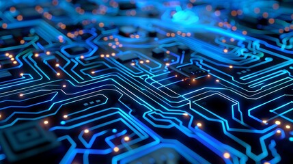 Abstract Digital Circuit Board with Glowing Blue Lines for modern futuristic technology concept. AI generated