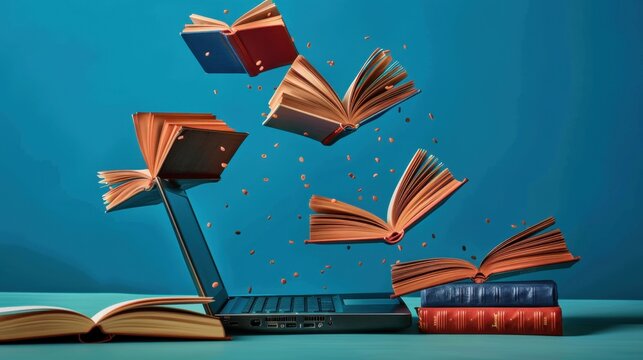Books flying into a laptop, symbolizing digital learning and knowledge transfer.