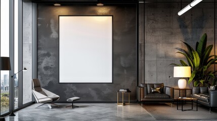 Blank poster on a modern office wall, surrounded by sleek decor