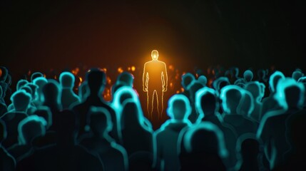 One glowing man standing out among a group of people in darkness, representing standout concepts.
