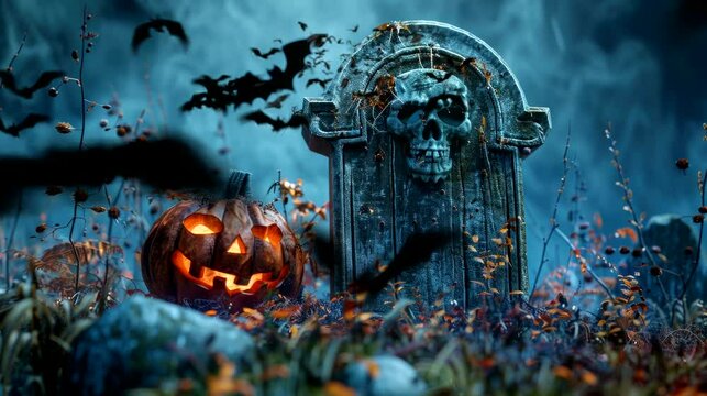 halloween decorations with pumpkin and skull Frame wood on the grave. Seamless looping time-lapse virtual 4k video animation background