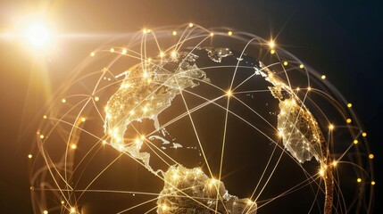 Obraz premium Global business concept with a glowing globe and interconnected lines representing communication networks.