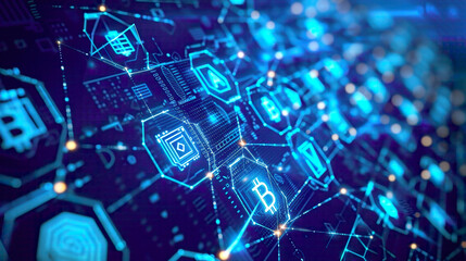 Abstract internet security scene blockchain structures combined with cybersecurity symbols detailed blue digital background high-tech illustration 