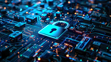 Fototapeta premium Abstract padlock over a network of interconnected devices cyber security and data protection hyper-realistic ultra-detailed neon blue lighting futuristic 