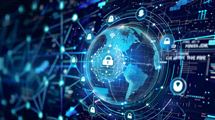 Fototapeta premium Artwork illustrating the concept of global network security with a globe encircled by a protective barrier and security icons 