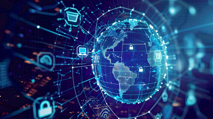 Naklejka premium Artwork illustrating the concept of global network security with a globe encircled by a protective barrier and security icons 