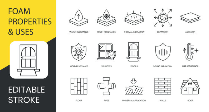 Polyurethane foam properties and places of application, vector line icon set with editable stroke, Adhesion and Water and Frost resistance, Doors and Sound insulation, Roof and Windows
