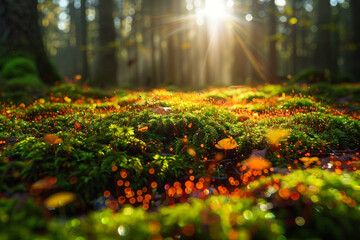 A carpet of vibrant, jewel-toned moss covering the forest floor, sparkling like precious gems in the dappled sunlight of the mystical forest.