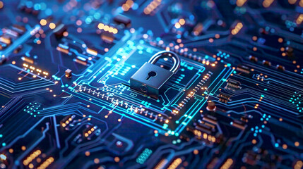 Fototapeta premium Business digital security concept with a lock on a circuit board modern tech background in blue emphasizing internet security and network protection 