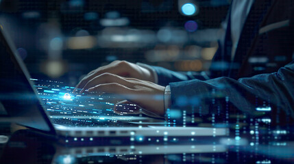 Businessman using laptop with digital padlock overlay cyber security network data protection concept photorealistic ultra-detailed soft blue and white lighting high-tech 