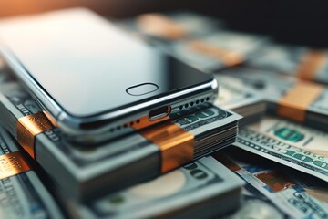 Cash stack and smartphone, 3D rendering, Financial business, Digital illustration, Dynamic background,