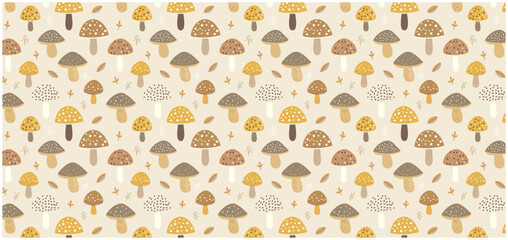 秋色きのこのシームレスパターン＜黄色＞