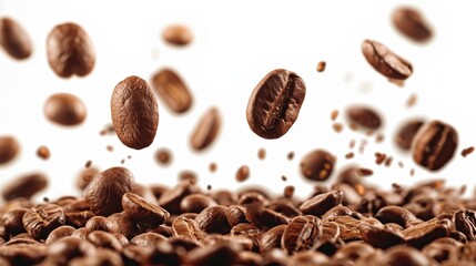 Obraz premium Coffee Beans Falling on a Pile of Roasted Coffee