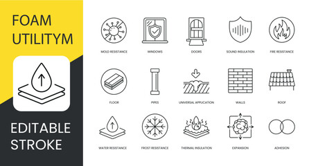 Polyurethane foam properties and places of application, vector line icon set with editable stroke, Adhesion and Water and Frost resistance, Doors and Sound insulation, Roof and Windows