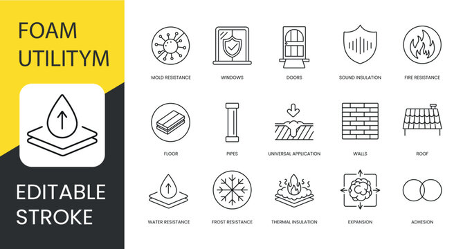 Polyurethane foam properties and places of application, vector line icon set with editable stroke, Adhesion and Water and Frost resistance, Doors and Sound insulation, Roof and Windows