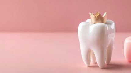 Golden crowned tooth on pink background, Soft and gentle, Digital painting, ample space for text,