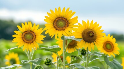 Obraz premium Bright yellow sunflowers in a lush green field under a partly cloudy sky, showcasing the beauty of nature and blooming flowers.