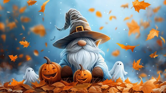 Halloween gnome watercolor, Ghosts and pumpkins, Spooky, Bright colors,