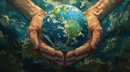 A digital illustration A stylized Earth cradled in human hands symbolizing our collective responsibility to protect the planet for future generations