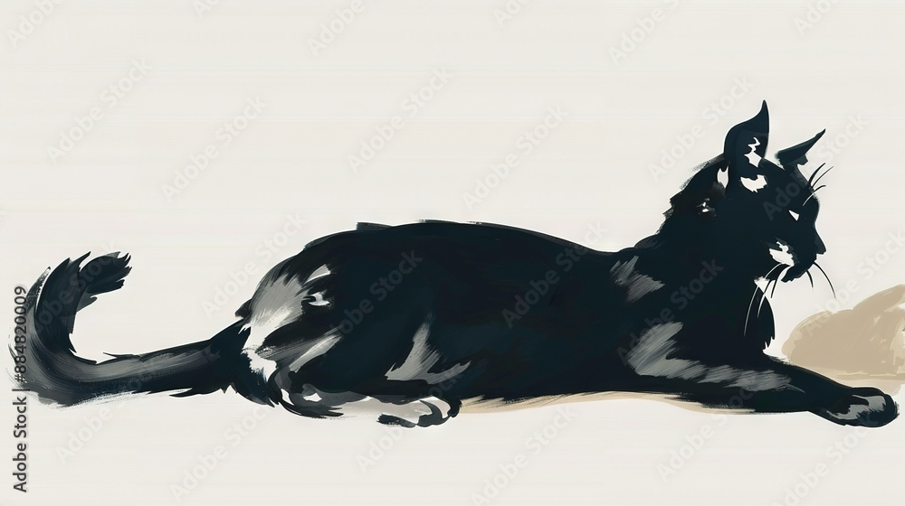 Canvas Prints   A black and white cat lying peacefully on the ground, with one paw tucked under and the other extended