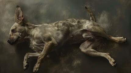Fototapeta premium A dark painting depicts a dog lying on its back, emitting smoke from its rear
