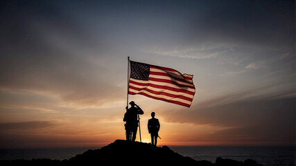 American flag against a darkening sky, mounted on a black stone plaque, during a ceremonial sunset salute or remembrance event