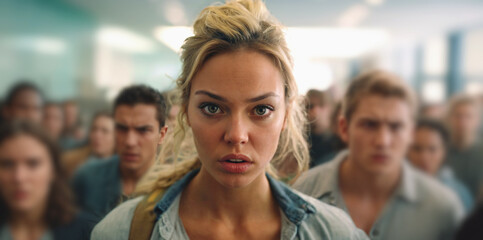 Fototapeta premium Angry young adult woman or teenage girl, riot and uproar, stress and impatience, irascible and aggressive people, airport or university setting