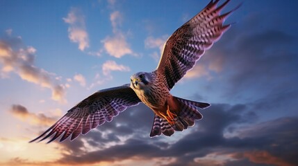 Fototapeta premium Kestrel bird of prey hovers against a dramatic sky with colorfull blue and purple clouds, hunting for prey. Background, copy space .