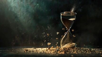 Abstract depiction of a broken hourglass pouring sand against a dark background, evoking the concept of time slipping away