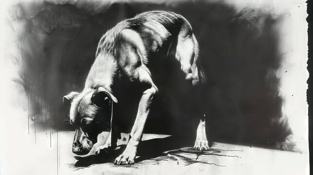   A black-and-white image of a dog stooping to pick up an item from the ground before it